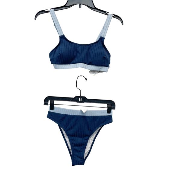 Cupshe Women's Navy Blue Texture Rib Colorblock High Waist Bikini Swimsuit S - Picture 1 of 8